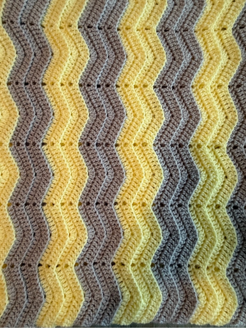 Hand Crocheted Yellow Grey Chevron Ripple Afghan Baby Blanket Throw 40x46